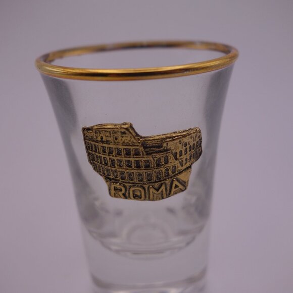 Roma Gold Rim Shot Glass with Metal Roma Coliseum Decoration - Picture 3 of 10